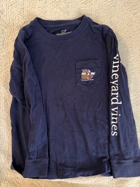 Vineyard Vines Navy Long-Sleeve Pocket Reindeer Tee with Sleeve Logo